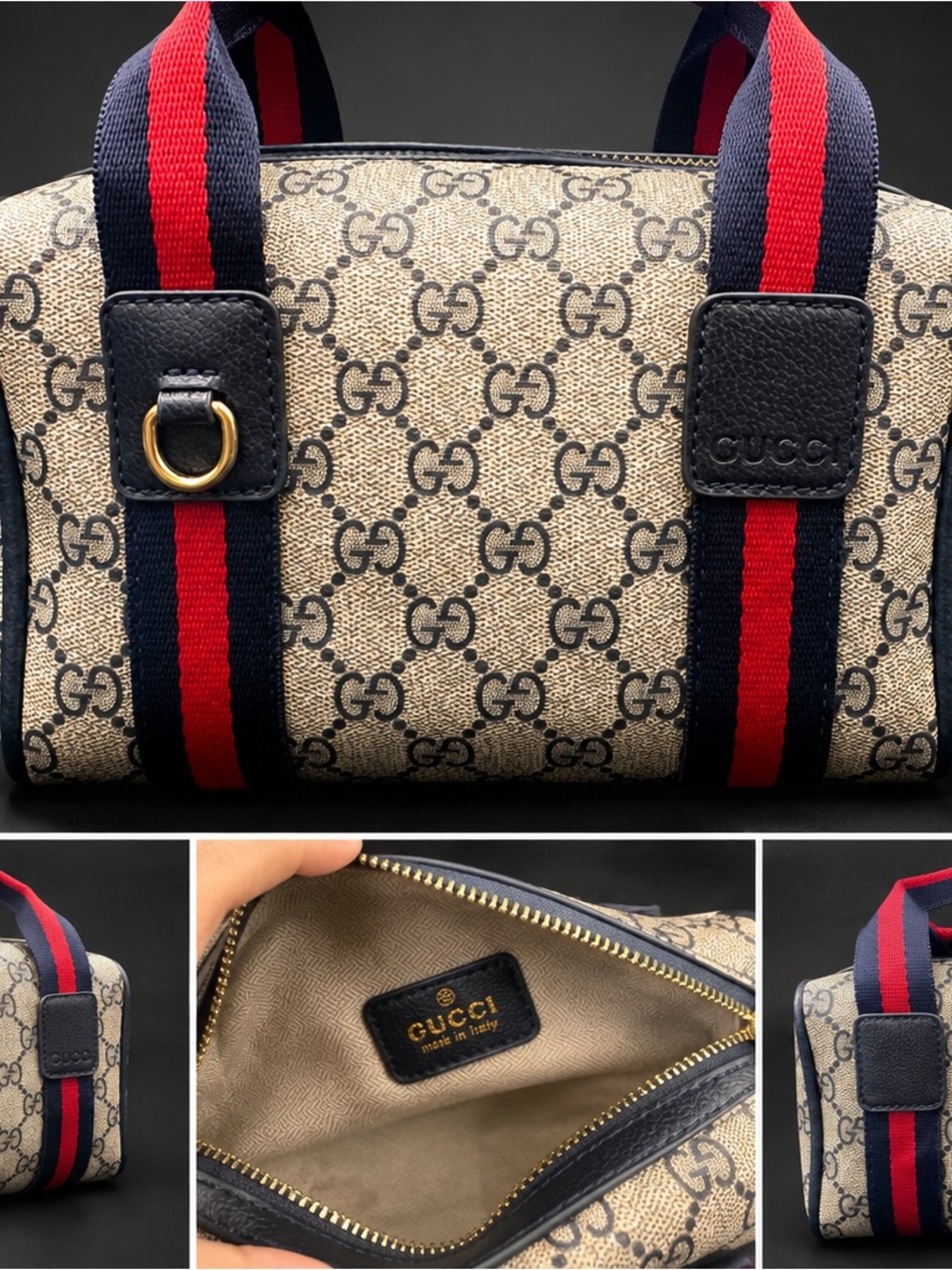 Beige GG inspo Supreme Canvas Mini Duffle with Navy & Red Web Straps